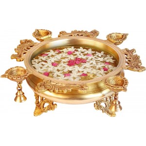 Urli traditionnel avec diyas et cloches Bol pour fleurs et bougies Pièce d'exposition centrale flottante traditionnelle pour Diwali décoration de la maison - BKKAAXCRZ
