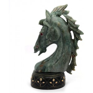 Statue de tête de cheval sculptée à la main en jade verte naturelle et agate noire 3604 g - B5WKKINOK