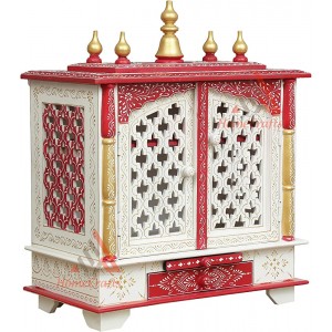Homecrafts Temple en bois peint à la main avec portes Art Rajasthani avec lumières LED Blanc et rouge Taille M 50,8 x 28,9 x 61 cm - B1977JMNF