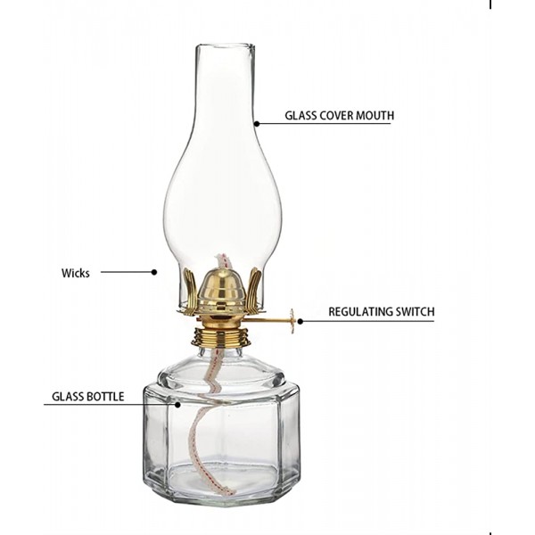 Lanterne à huile en verre transparent Abat-jour coupe-vent Lampe ouragan domestique Lampe à kérosène rétro traditionnelle Panne de courant Base carrée Bidon d'huile en verre Lumière d'ur - BMQ9WKYMT