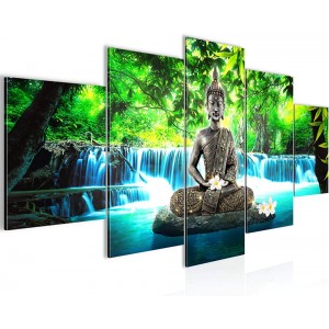 Runa Art Tableau Bouddha Cascade 200 x 100 cm 5 Parties XXL Decoration Murale Dessin Bleu Vert 503551b - B8KKJVCXW